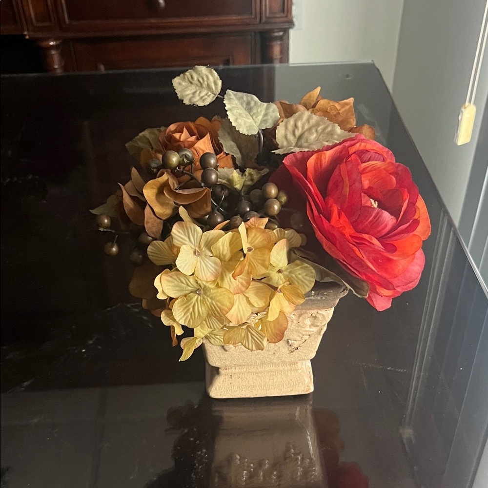 Vibrant Faux Floral Arrangement in Rustic Pot